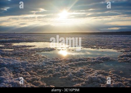 Formations salines et bassins d'eau peu profonds reflétant la lumière du coucher du soleil sur le rivage de la mer morte. Banque D'Images