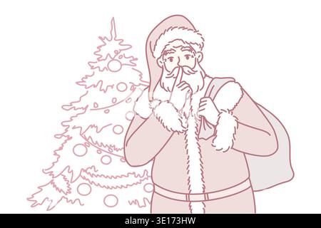 Le Père Noël avec sac cadeaux derrière le dos est venu pour féliciter les enfants pour les vacances de Noël. Assistant nouvel an se tient près de l'arbre de Noël et met le doigt sur les lèvres et demande le silence. Illustration vectorielle plate Illustration de Vecteur