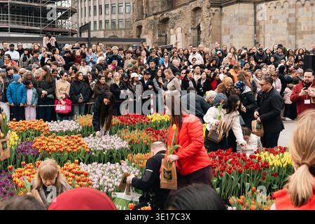 Berlin, Allemagne - 14 mars 2026 : les gens choisissent des tulipes colorées lors d'une installation temporaire de fleurs printanières alors que les spectateurs se rassemblent autour de l'événement public Banque D'Images