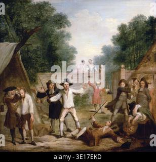 Cette peinture des années 1740 de John Laguerre, intitulée « la défense de Hob », dépeint une scène dynamique de conflit et d'agitation dans un cadre extérieur. L'œuvre capture plusieurs personnages dans des poses dramatiques, certains engagés dans une défense féroce tandis que d'autres réagissent avec surprise et alarme. Banque D'Images