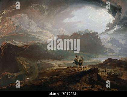 Cette peinture de paysage romantique dramatique, intitulée « Macbeth », par John Martin de 1820, capture un moment charnière de la pièce de Shakespeare. Il représente Macbeth et Banquo rencontrant les trois sorcières au milieu d'un terrain montagneux tumultueux balayé par la tempête, soulignant le surnaturel et le sublime. L’artiste, connu pour ses thèmes dramatiques et apocalyptiques, utilise magistralement la lumière et l’ombre pour créer une atmosphère intense. Banque D'Images