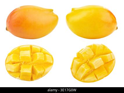 Ensemble de quatre éléments de mangue : deux fruits frais entiers et deux moitiés tranchées en cubes de style hérisson. Photos macro sur un fond blanc Uni, parfait pour Banque D'Images