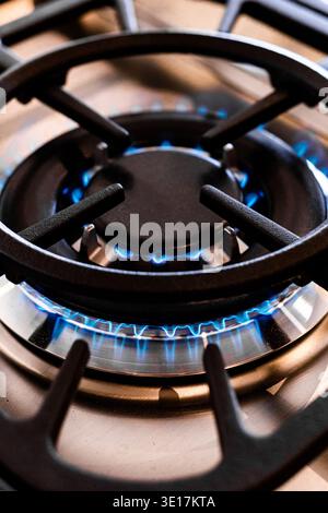 Un gros plan détaillé d'un brûleur à gaz de luxe sur un poêle en acier inoxydable dans une cuisine moderne. La flamme bleue souligne le design sophistiqué et func Banque D'Images