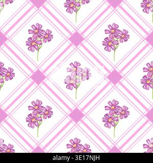 Modèle sans couture avec des fleurs violettes sur un fond à carreaux rose. Illustration aquarelle de bouquets de fleurs pour l'impression textile, la conception de papier d'emballage, le papier peint et les tissus. Banque D'Images