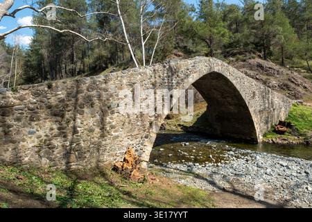 Pont Tzelefos Pont vénitien médiéval traversant la rivière Diarizos dans la forêt de Pafos, district de Limassol, Chypre Banque D'Images