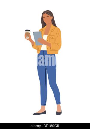 La jeune femme tient la tablette et la tasse de café Illustration de Vecteur