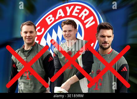 ! AVERTISSEMENT MONTAGE PHOTO ! Ici sur la photo Manuel Neuer (FC Bayern Munich) avec Jonas Urbig (FC Bayern Munich) et Sven Ulreich (FC Bayern Munich) (de gauche à droite) tous les gardiens officiels sont actuellement blessés, secoués, problème de gardien, but Banque D'Images