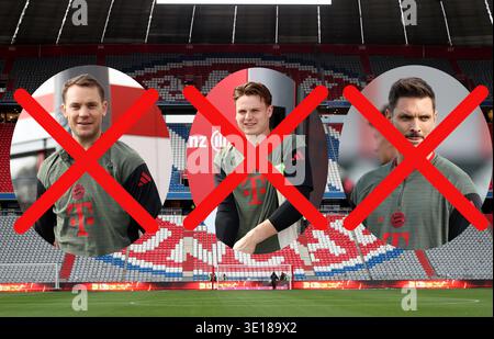 ! AVERTISSEMENT MONTAGE PHOTO ! Ici sur la photo Manuel Neuer (FC Bayern Munich) avec Jonas Urbig (FC Bayern Munich) et Sven Ulreich (FC Bayern Munich) (de gauche à droite) tous les gardiens officiels sont actuellement blessés, secoués, problème de gardien, but Banque D'Images