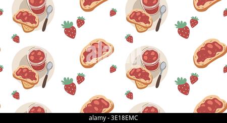 Modèle sans couture doux avec confiture toast fraise et vecteur de pot en verre Illustration de Vecteur