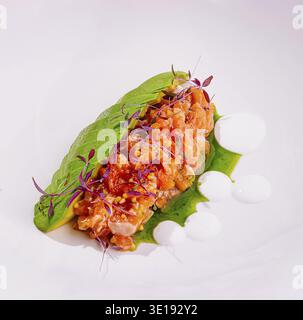 Tartare de saumon servi sur avocat avec microgreens, sauce blanche et pesto sur assiette blanche Banque D'Images