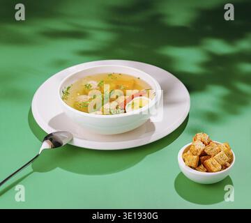 Soupe de poulet à la vapeur avec boulettes de viande, légumes et herbes servies avec des croûtons sur fond vert Banque D'Images