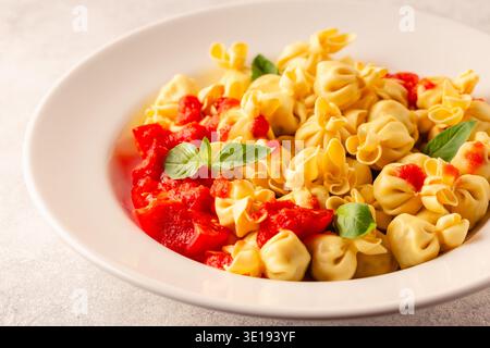 Pâtes italiennes farcies. Sacсhettini pâtes dans une assiette avec sauce tomate. Banque D'Images