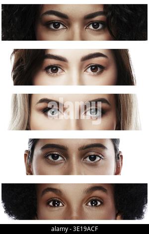 Collage avec des yeux féminins rapprochés d'ethnicité diverse Banque D'Images