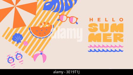 Bannière d'été de salutation. Vue sur la plage avec parasol, lunettes de soleil, pastèque, coquillages et balle. Design de l'ambiance positive de l'été. Modèle pour les ventes, affiches, couvertures, annonces. Illustration vectorielle. Illustration de Vecteur