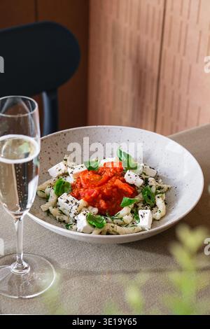 Œufs de saumon sur garniture de riz. Configuration minimaliste avec œufs de saumon sur riz et verre à vin Banque D'Images