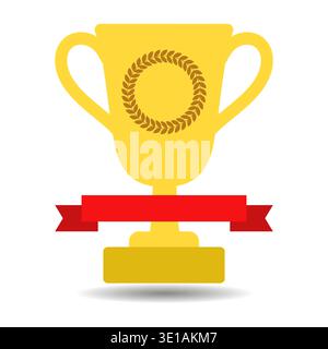 Illustration de l'icône de coupe de trophée avec ruban rouge et couronne de laurier sur fond blanc. Illustration de Vecteur