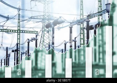 Détails de la centrale électrique et élévation graphique histogramme représentant la hausse des prix de l'électricité pendant la crise énergétique mondiale Banque D'Images