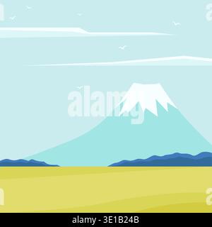 Affiche touristique japonaise, mont Fuji, cerisier en fleur et Jinja dans le style sérigraphique. Panorama printanier Illustration de Vecteur