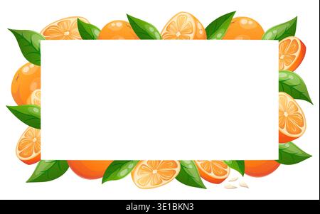 Illustration vectorielle de cadre rectangulaire avec des oranges, des feuilles et des tranches Illustration de Vecteur