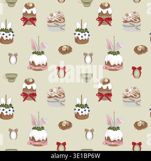 Gâteaux de Pâques dessinés à la main modèle sans couture avec tasses à thé, nid d'oiseaux et œufs teints de Pâques, vacances de Pâques et fond de printemps Illustration de Vecteur