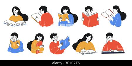 Ensemble de jeunes lisant des livres. Bibliothèque lectures littéraires ou apprentissage, éducation. Illustration vectorielle. Vie étudiante, connaissance. Illustration de Vecteur