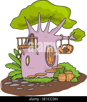 Une taverne forestière à l'intérieur d'un tronc d'arbre. Établissement elfe de style dessin animé fantaisie dans la forêt. Illustration vectorielle d'un baobab vivant en croissance avec une taverne à l'intérieur. Balcon sur un arbre une porte et un signe avec une tasse de bière. À côté de l'arbre se trouvent des tonneaux en bois. Maisons de fabuleux habitants de la forêt Treehouse Illustration de Vecteur