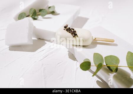 Un dessert unique avec une crème glacée blanche sur un bâton de bois est placé sur un fond blanc texturé. Les feuilles d'eucalyptus fraîches ajoutent une touche de nature Banque D'Images