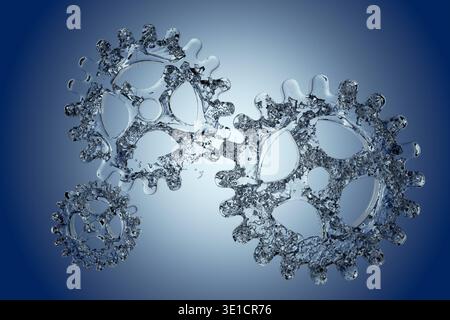 Concept de traitement de l'énergie de l'hydrogène - engrenages à roue dentée fabriqués à partir de l'eau sur fond bleu, illustration 3D. Banque D'Images