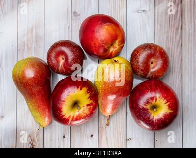 Assortiment coloré de fruits frais, y compris des pommes rouges, des poires mûres et des fruits à noyau disposés sur des planches de bois blanc rustique. Rouge vif, jaune, an Banque D'Images