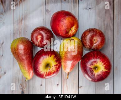 Assortiment coloré de fruits frais, y compris des pommes rouges, des poires, des pêches et des prunes habilement disposées sur des planches de bois blanc altérées. Beau naturel Banque D'Images