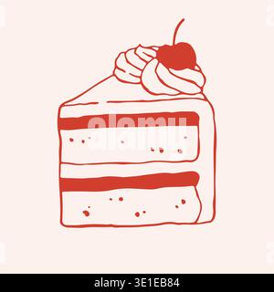 Illustration vectorielle d'une délicieuse tranche de gâteau de couche avec de la crème fouettée et de la cerise sur le dessus. Dessin de ligne rouge dessiné à la main de morceau de gâteau éponge festive pour Illustration de Vecteur