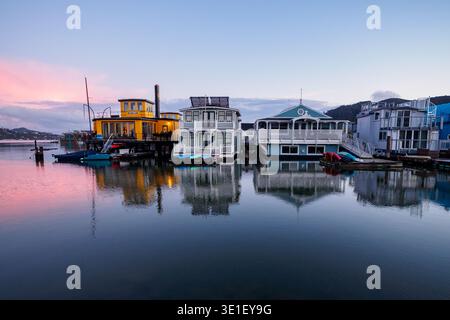 La péniche « City of Seattle », un navire historique, est amarrée aux côtés d'autres maisons flottantes colorées sur Richardson Bay à Sausalito, Californie, duri Banque D'Images