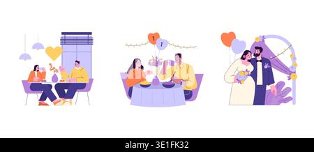 Ensemble d'illustration vectorielle mettant en vedette des couples dans différentes célébrations romantiques. Comprend une date décontractée, un toast d'anniversaire et un moment de mariage. Idéal pour les thèmes de l'amour et des relations. Illustration de Vecteur
