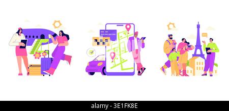 Ensemble d'illustrations vectorielles représentant des scénarios de voyage, notamment une femme sortant d'un avion, un homme utilisant la navigation sur un smartphone avec un taxi, et une visite en famille à la Tour Eiffel. Illustration de Vecteur