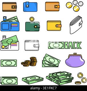 jeu d'icônes liées à la gestion de l'argent. portefeuilles en cuir de différents types avec et sans argent. Illustration vectorielle plusieurs obvers de pièces d'or et d'argent Illustration de Vecteur