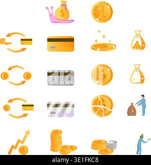 Ensemble d'icônes Finance et épargne plusieurs pièces cartes de crédit et sacs d'argent dans le style or. Illustration vectorielle points généraux dans l'entreprise spher Illustration de Vecteur