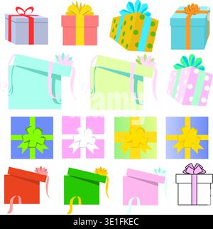Coffrets cadeaux avec des rubans de différentes couleurs, tailles et angles. Peut être utilisé comme boîte cadeau autocollant. Boîtes d'illustration vectorielle avec des rubans côté haut et Illustration de Vecteur