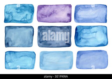 Jeu de formes rectangulaires aquarelle bleues. Coup de pinceau peint à la main, ensemble de frottis isolé sur fond blanc. Aquarelle peinture aquarelle taches bleues Banque D'Images