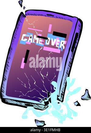 Sur l'écran du smartphone il y a un effet de pépin et le jeu d'inscription sur. Illustration vectorielle le téléphone est cassé et les fragments volent vers Illustration de Vecteur