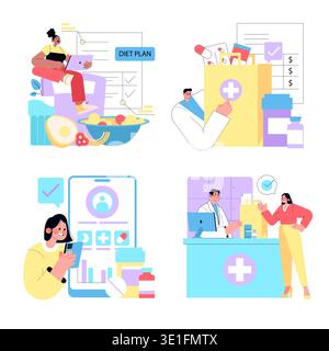 Ensemble d'illustrations vectorielles mettant en évidence des concepts de mode de vie sain. Présente diverses scènes avec des personnes planifiant des régimes, consultant des pharmaciens, utilisant des applications de fitness et manipulant des médicaments. Illustration de Vecteur