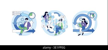 Illustration vectorielle illustrant la collaboration d'équipe dans des processus agiles avec des individus travaillant sur des ordinateurs portables, des notes et du codage dans des symboles d'horloge, d'engrenage et de cycle représentant le flux de travail. Illustration de Vecteur