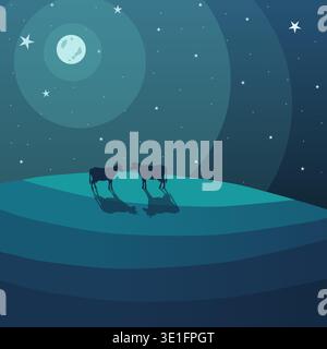 art abstrait avec des vaches se rencontrant sur une colline sous la lune. clipart en couleurs froides. Illustration vectorielle Illustration de Vecteur