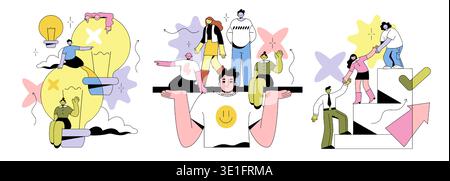 Illustration vectorielle illustrant le travail d'équipe et la collaboration. Des groupes de personnes coopérant, partageant des idées et se soutenant mutuellement sont présentés dans des scénarios créatifs. Idéal pour les concepts d'entreprise et les thèmes de travail d'équipe. Illustration de Vecteur