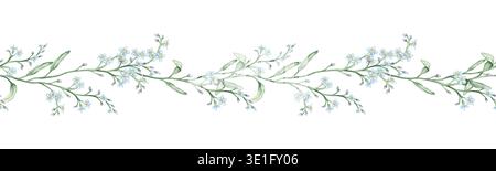 Bordure horizontale ou bannière transparente avec Forget-me-Nots bleu clair. Illustration d'aquarelle dessinée à la main sur fond isolé. Motif floral d'été Banque D'Images