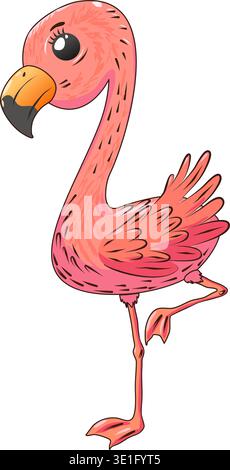 Dessin animé Kawaii Pink Flamingo se tient sur une jambe avec sa patte levée. Beau personnage d'oiseau sur fond transparent. Illustration vectorielle Illustration de Vecteur