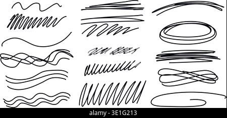 Ensemble de hachures simples, de lignes et de soulignements dans un style d'esquisse griffonné. Eléments d'encre dessinés à la main pour la journalisation, les notes et la conception de page. Graphiques vectoriels Illustration de Vecteur