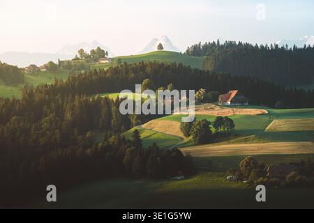 Vue sur les collines vallonnées ornées de prairies verdoyantes et de forêts denses, bâtiments rustiques nichés parmi les arbres, comme une montagne enneigée lointaine Banque D'Images