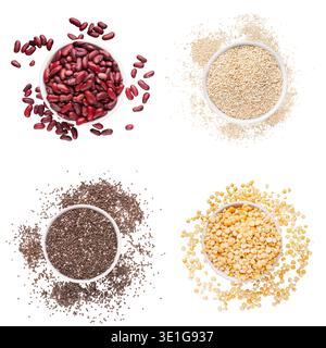 Différents grains dans des bols en verre isolés sur blanc Banque D'Images