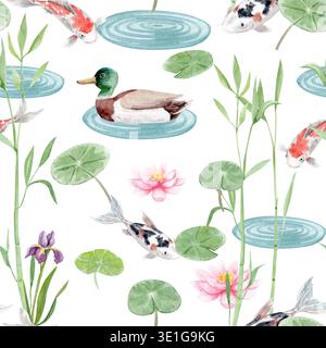 Motif aquarelle sans couture avec canard, poisson koi, fleurs de lotus, coussinets de nénuphars, bambou. Illustration d'étang avec des ondulations d'eau dans le style de jardin japonais Banque D'Images