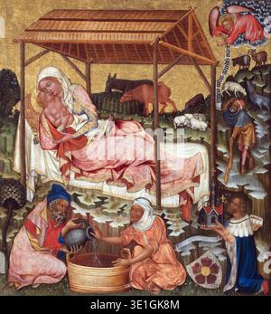 Cette tempera sur panneau de bois du XIVe siècle intitulée « Nativité » est attribuée au maître du retable de Vyšší Brod. Il représente la Vierge Marie tenant tendrement l'enfant Jésus dans une modeste écurie, entourée de personnages comme Joseph, un serviteur, des bergers et un messager angélique. La pièce présente des éléments stylistiques gothiques précoces avec des détails complexes et des couleurs riches. Banque D'Images